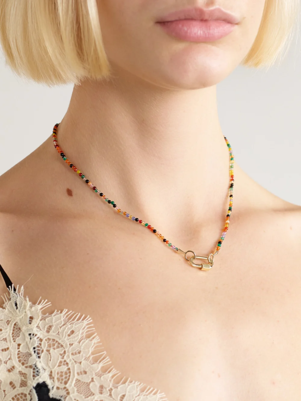Marla Aaron Itty Bitty Strand + Babylock 14-karat Gold Agate Necklace, styled view
