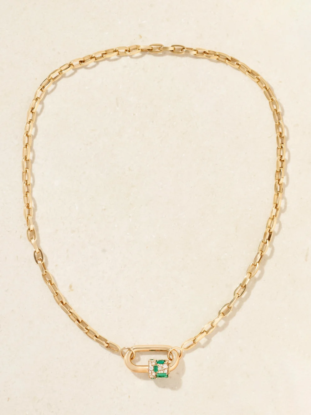 Close-up detail of the Marla Aaron Lock 14-karat Gold, Diamond and Emerald Necklace