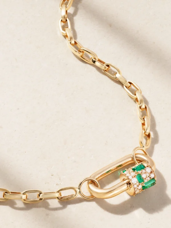 Marla Aaron Lock 14-karat Gold, Diamond and Emerald Necklace