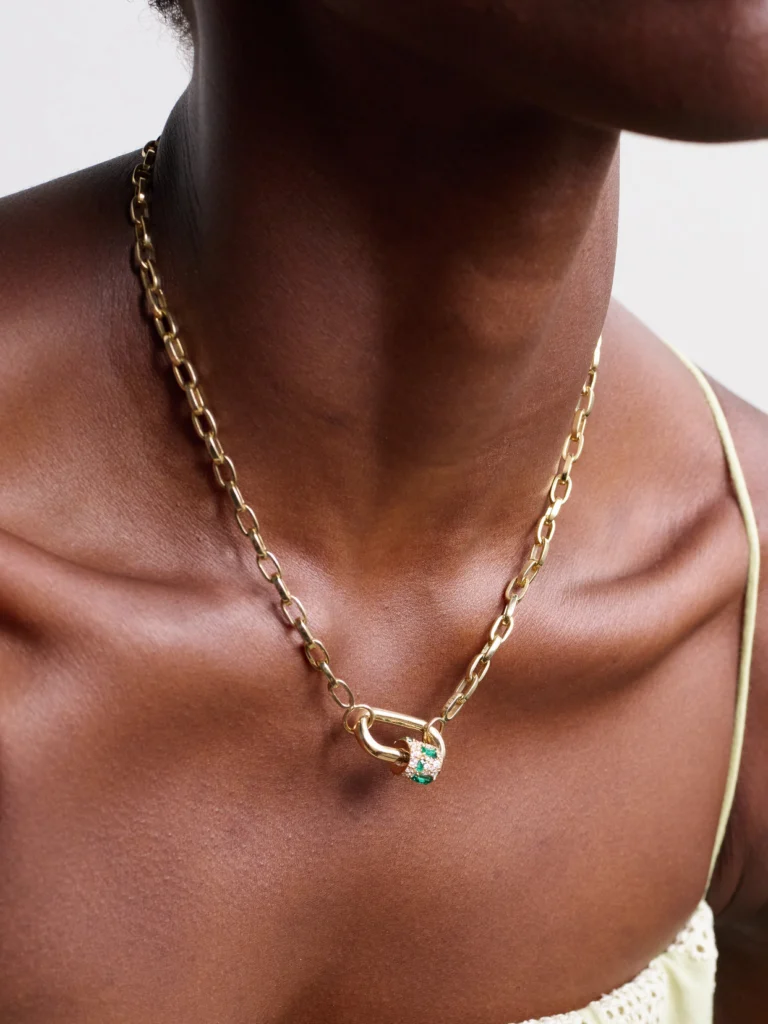 Marla Aaron Lock 14-karat Gold, Diamond and Emerald Necklace