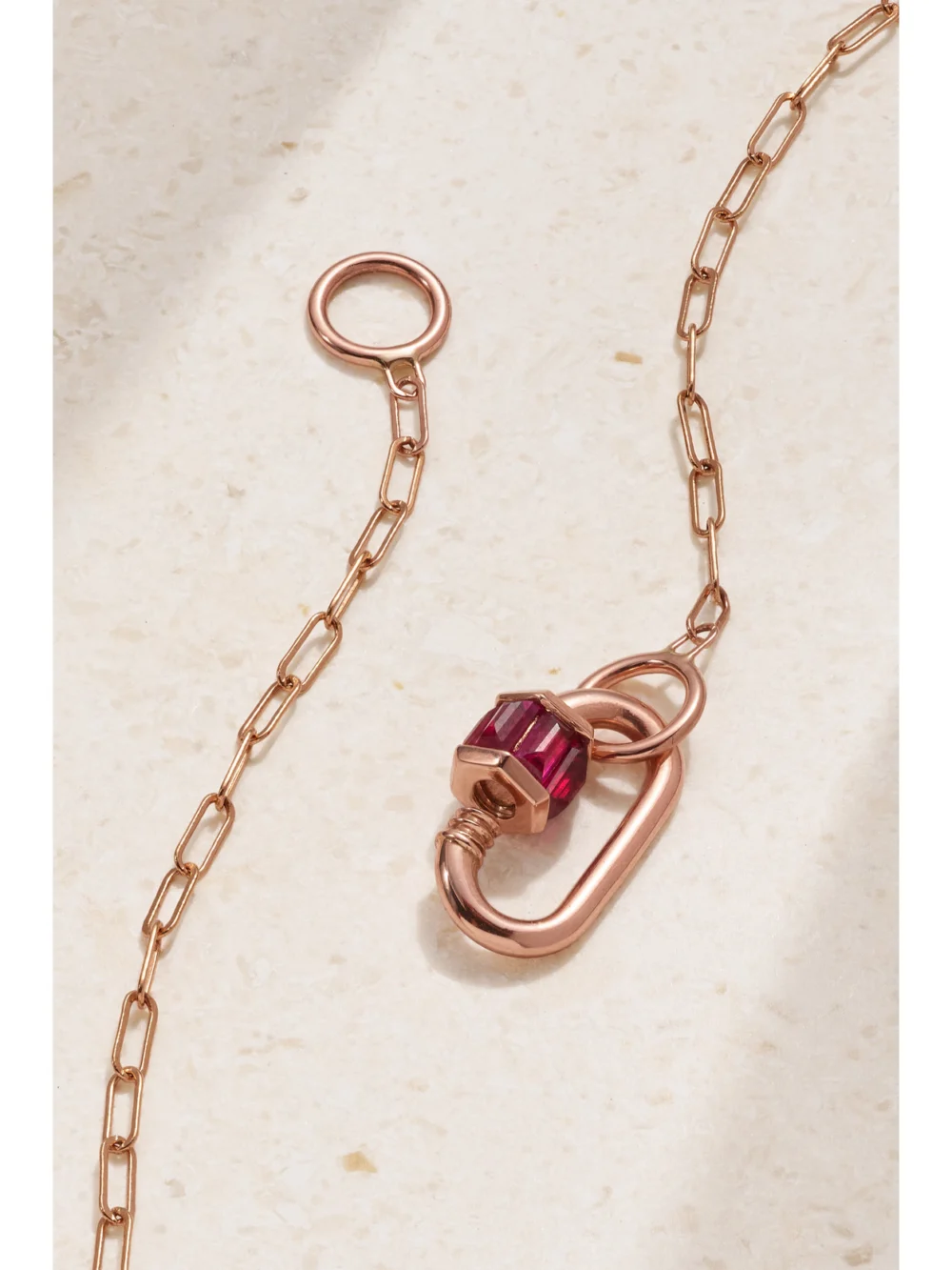 Back view of the Marla Aaron Square Link 14-karat Rose Gold Ruby Necklace