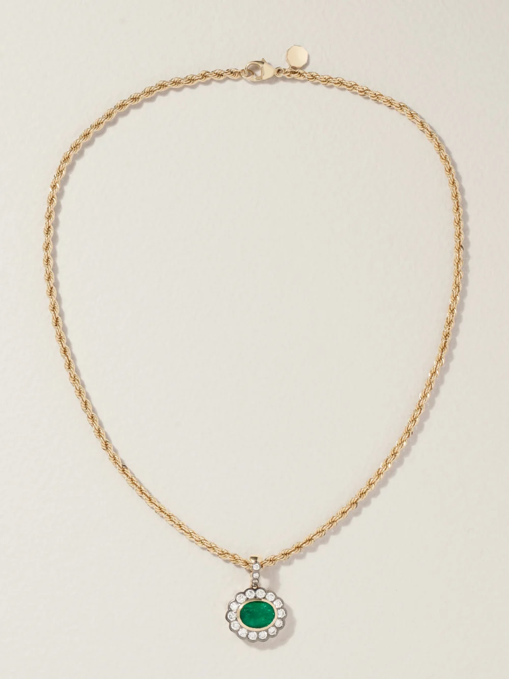 Close-up detail of the Marlo Laz 14-karat Yellow and White Gold, Emerald and Diamond Necklace