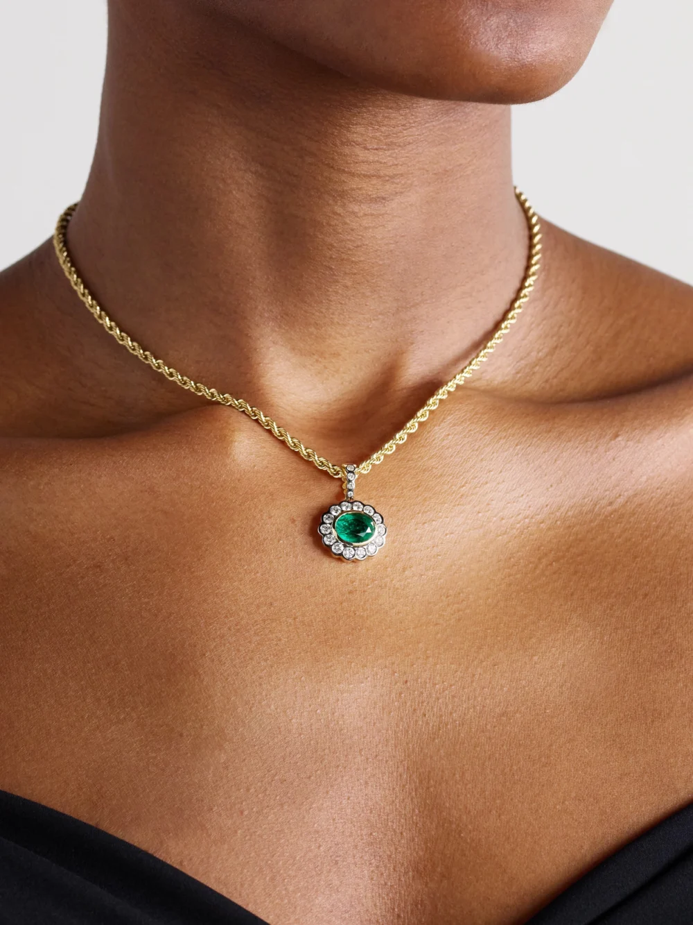 Marlo Laz 14-karat Yellow and White Gold, Emerald and Diamond Necklace, styled view