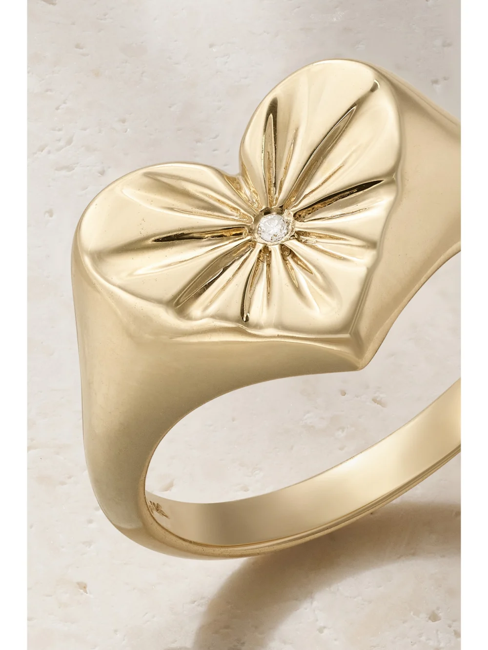Close-up detail of the Marlo Laz Heart 14-karat Gold Diamond Signet Ring