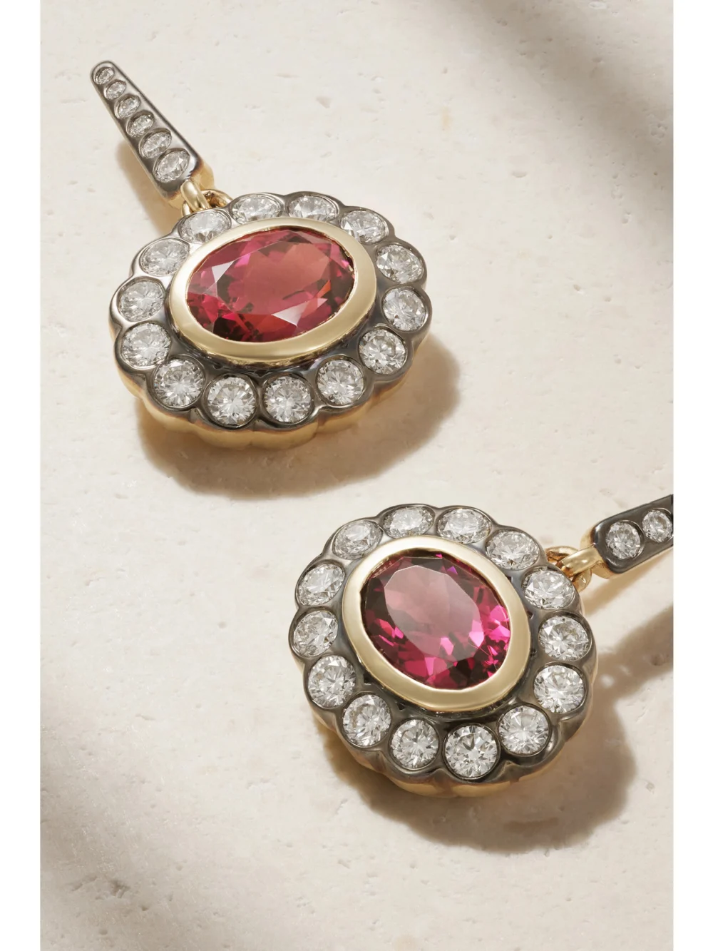 Close-up detail of the Marlo Laz Lexi 14-karat Gold, Rhodolite and Diamond Earrings