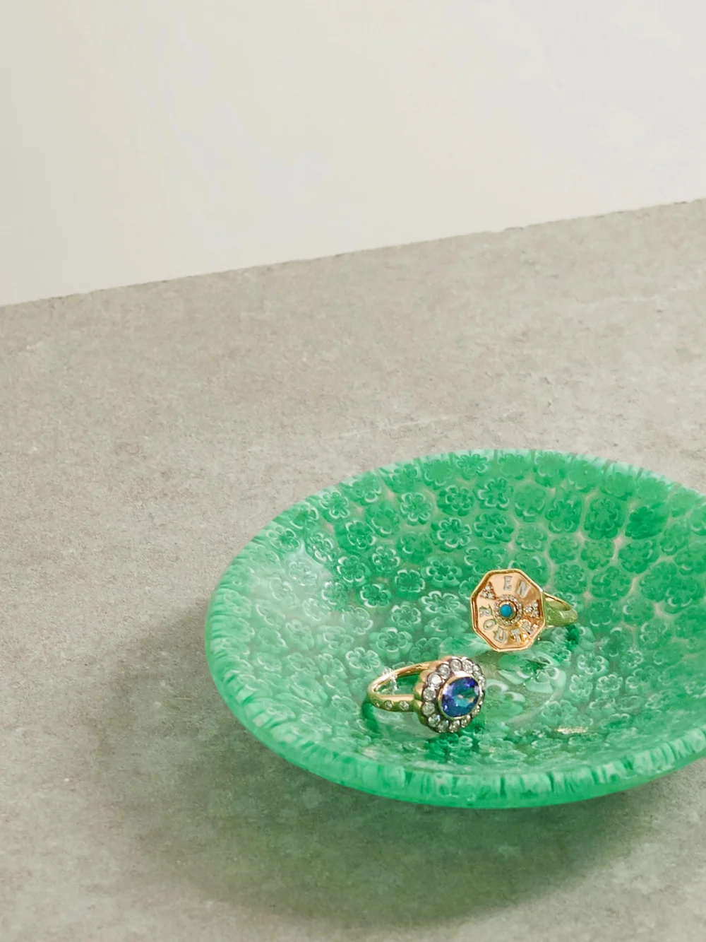 Marlo Laz Stella Mare Seafoam Glass Dish, styled view