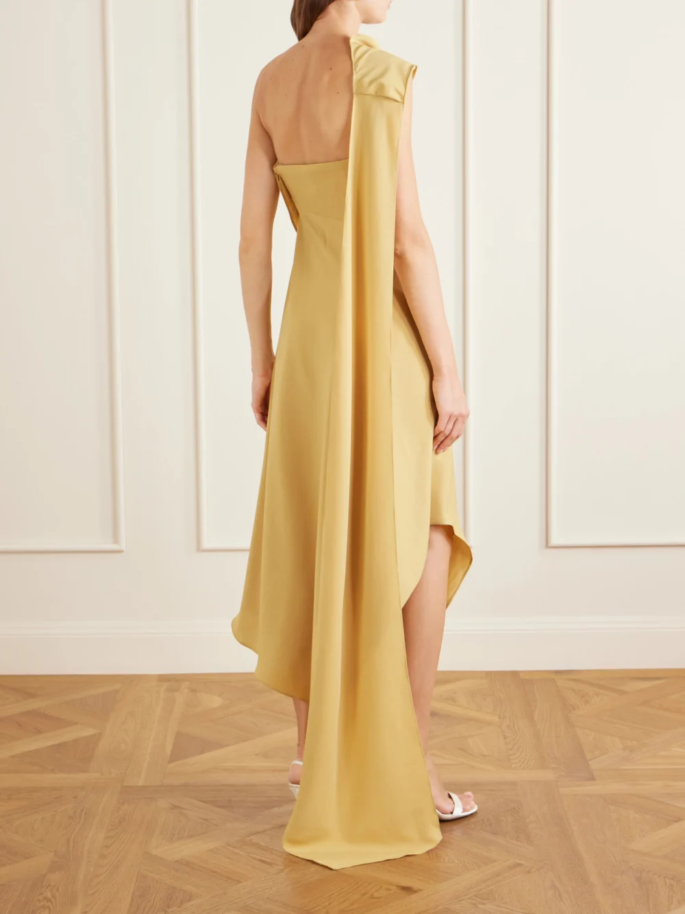Back view of the Marmar Halim Asymmetric Draped Crepe Midi Dress