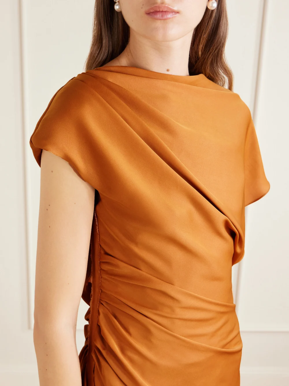 Close-up detail of the Marmar Halim Asymmetric Draped Satin Gown