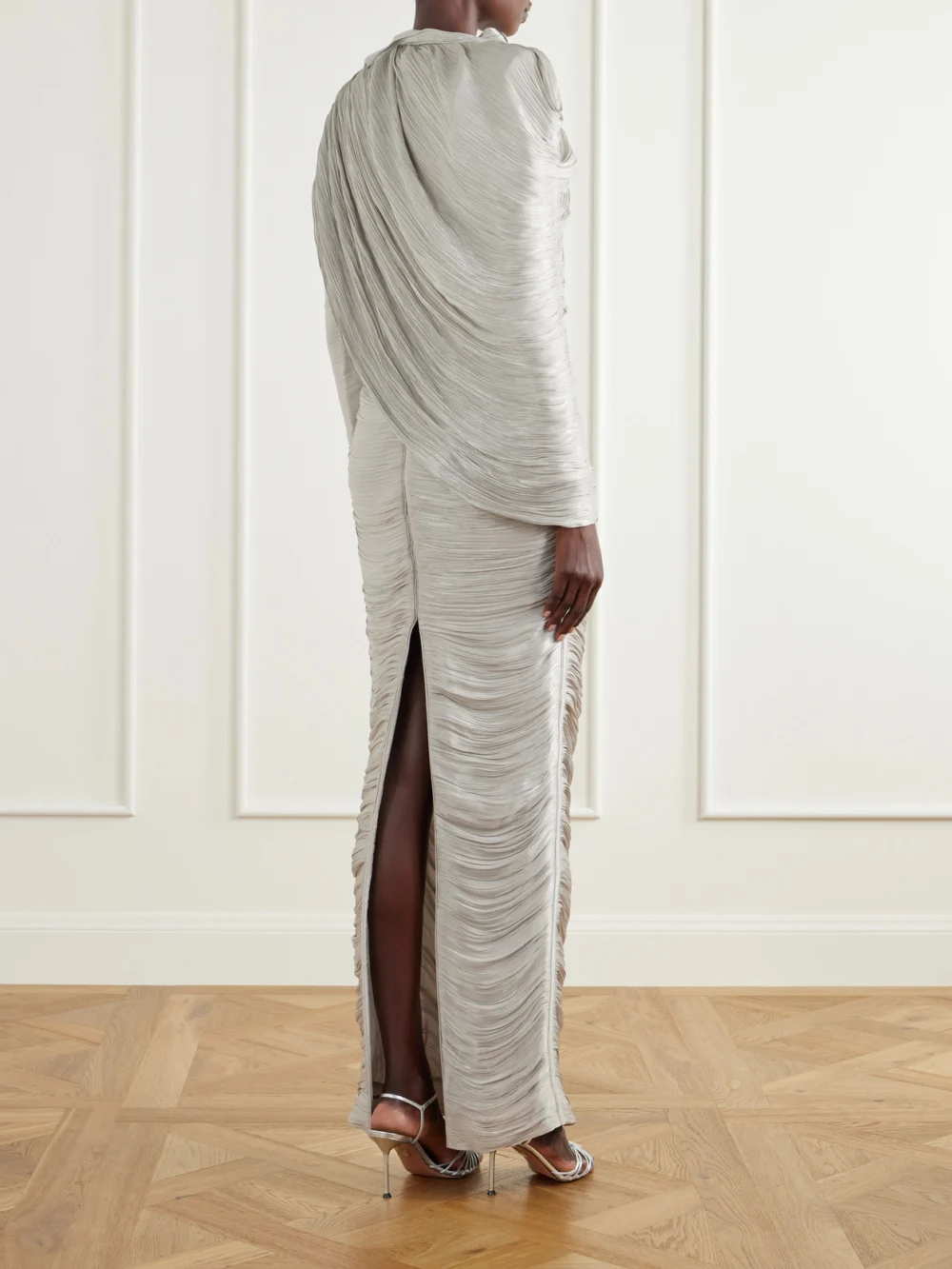 Back view of the Marmar Halim Cape-effect Plissé Crepe De Chine Gown