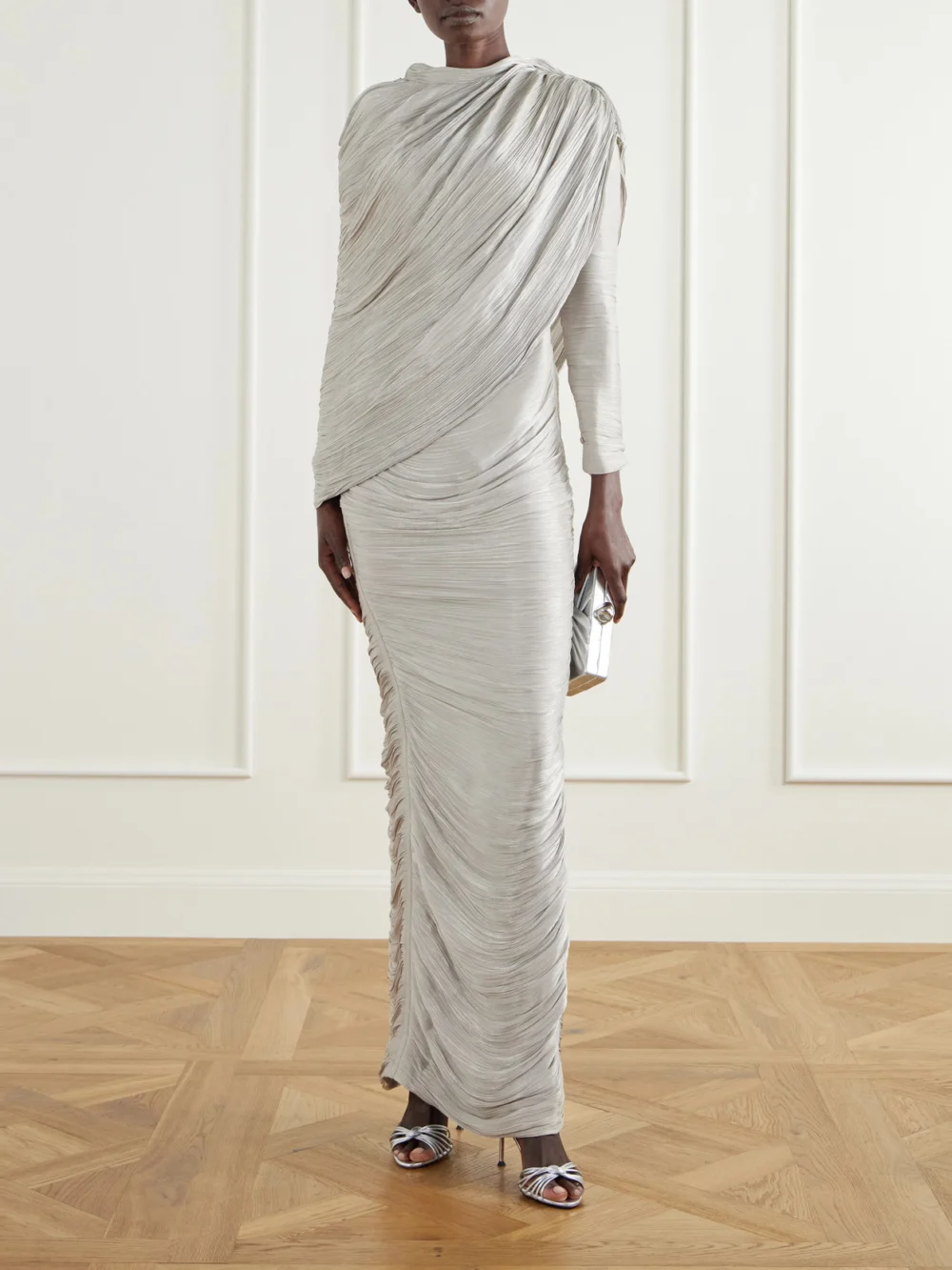 Marmar Halim Cape-effect Plissé Crepe De Chine Gown, worn by a model