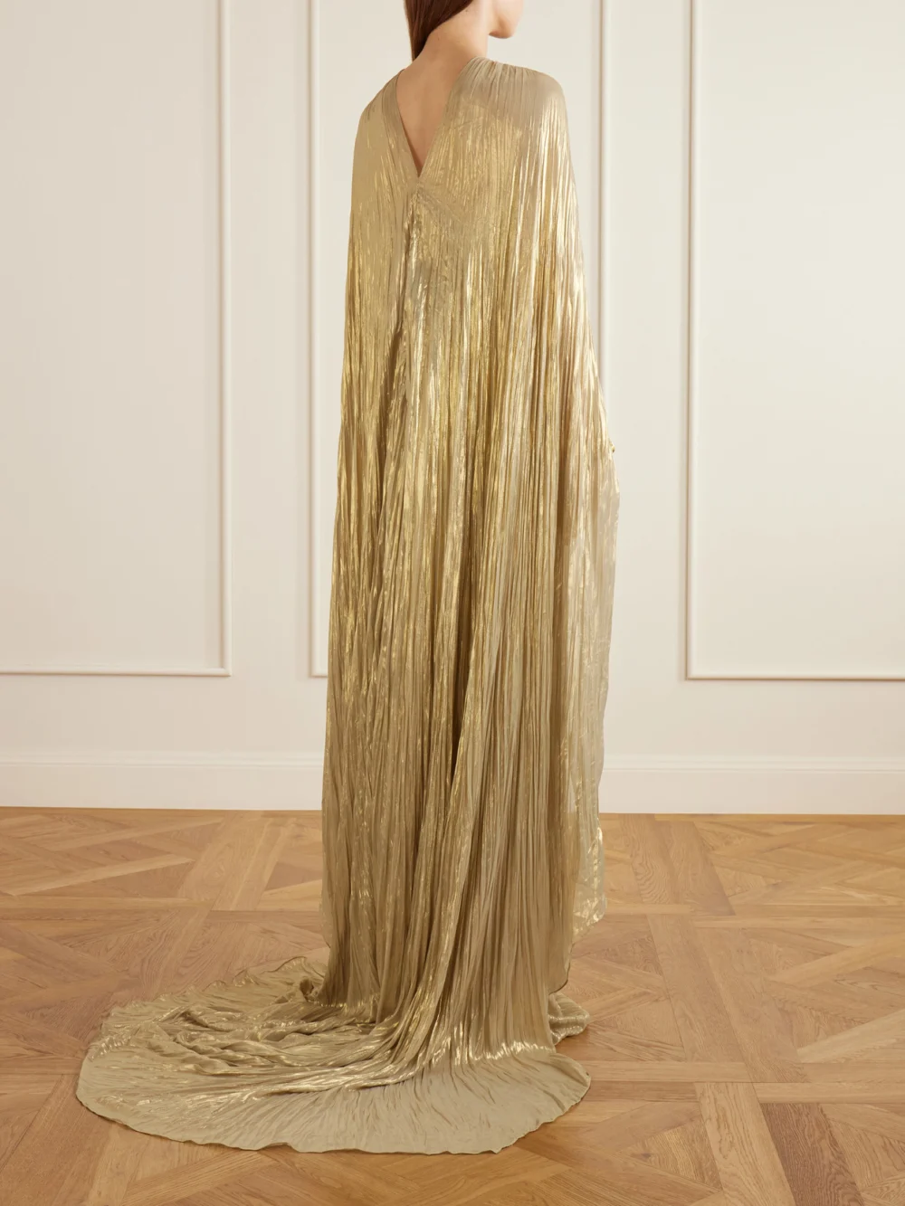 Back view of the Marmar Halim Cape-effect Plissé Metallic-satin Gown