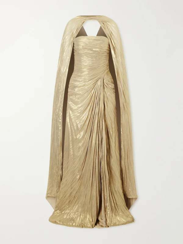 Marmar Halim Cape-effect Plissé Metallic-satin Gown