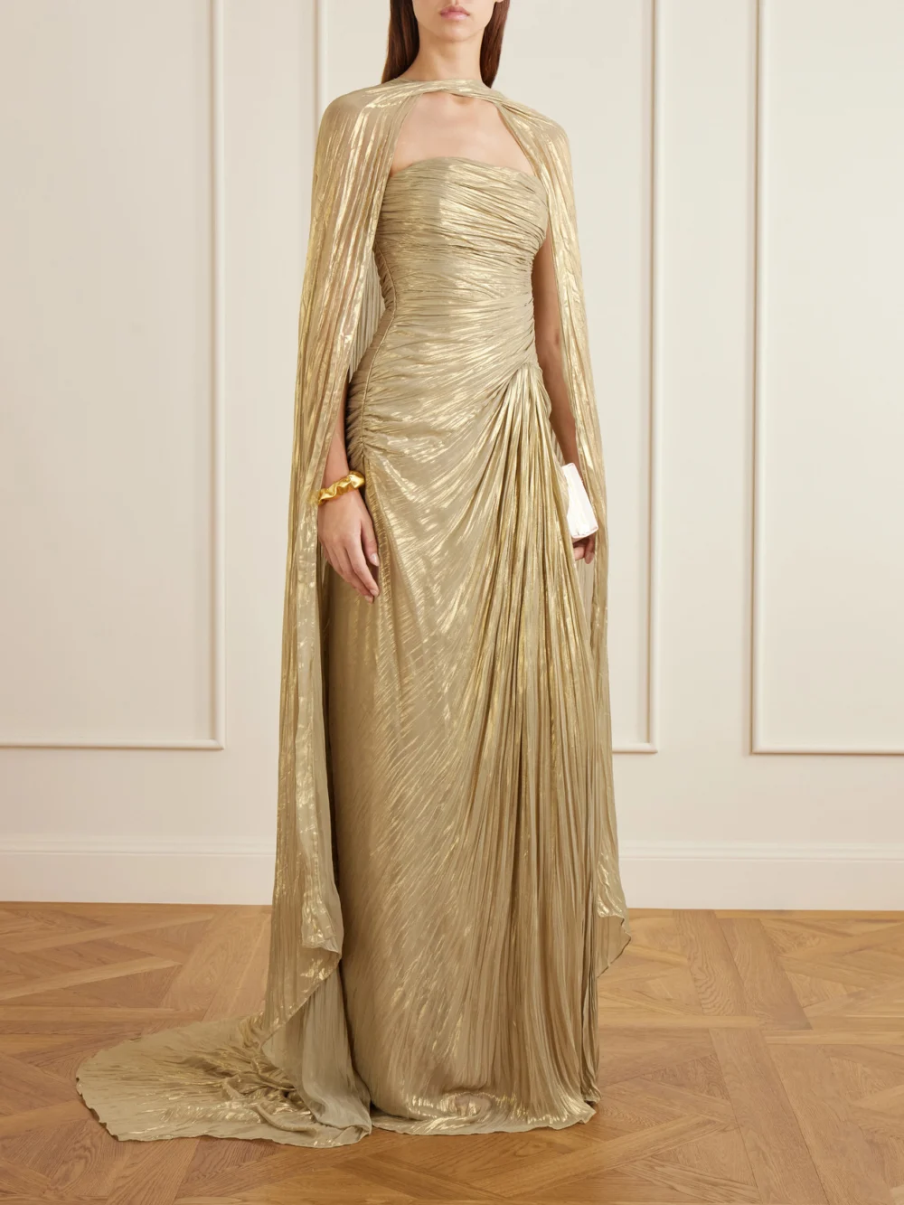 Marmar Halim Cape-effect Plissé Metallic-satin Gown, worn by a model