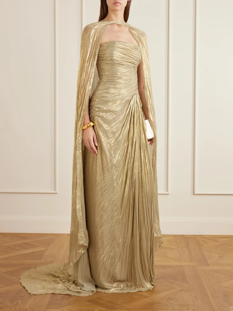 Marmar Halim Cape-effect Plissé Metallic-satin Gown