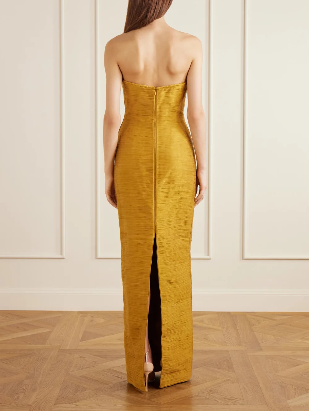 Back view of the Marmar Halim Cape-effect Plissé Satin Gown