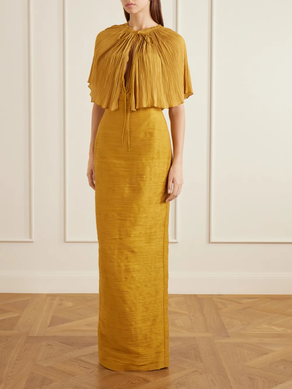 Marmar Halim Cape-effect Plissé Satin Gown, worn by a model