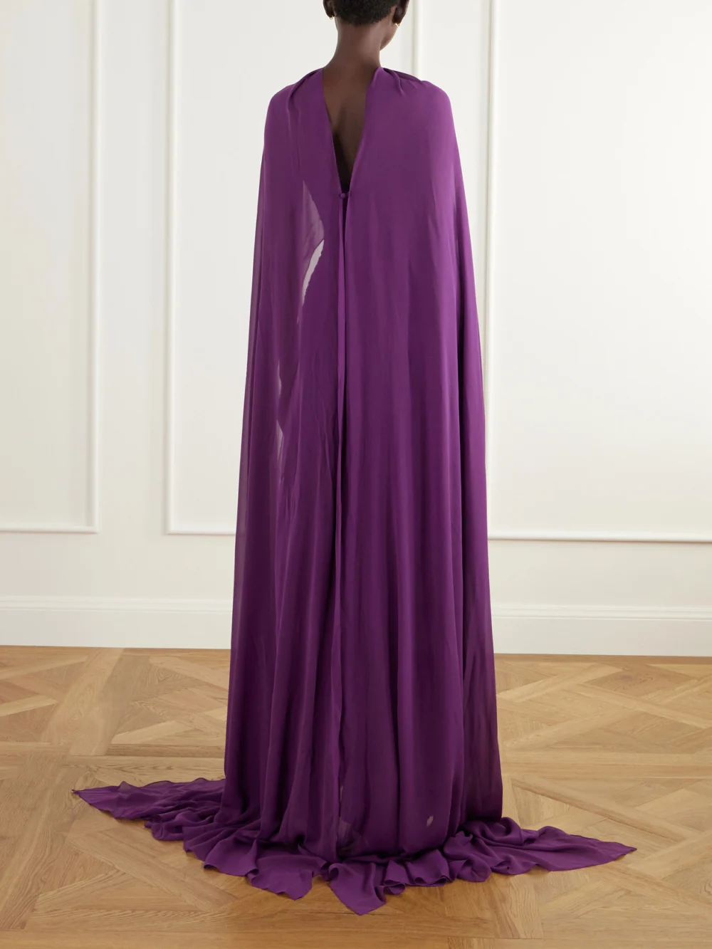 Back view of the Marmar Halim Cape-effect Strapless Ruched Plissé Crepe Bustier Gown