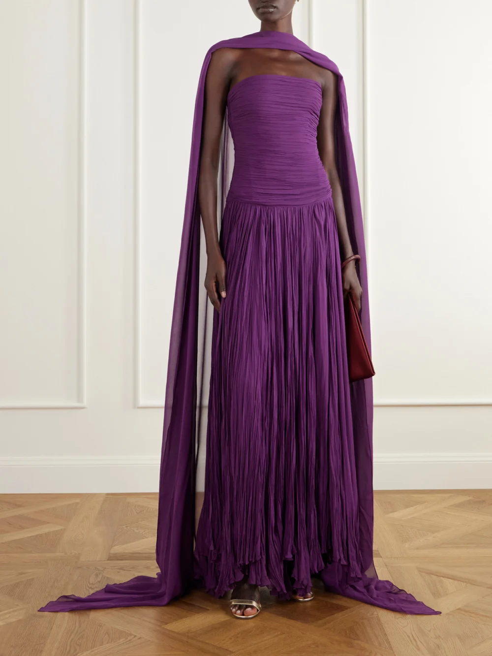 Marmar Halim Cape-effect Strapless Ruched Plissé Crepe Bustier Gown, worn by a model