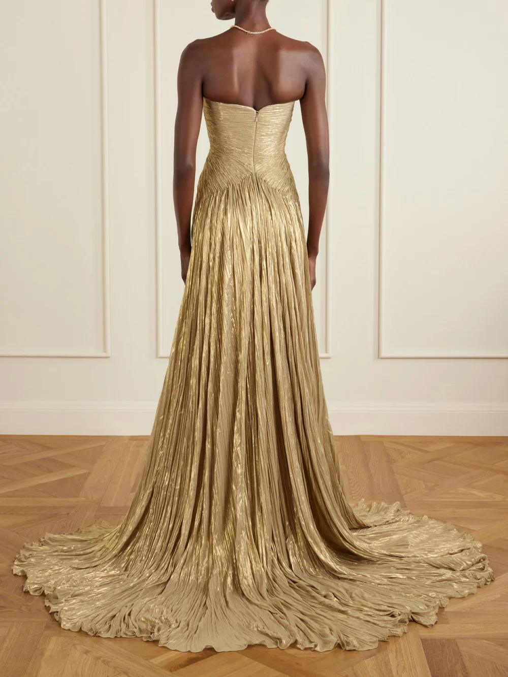 Back view of the Marmar Halim Draped Pleated Metallic Silk-georgette Gown