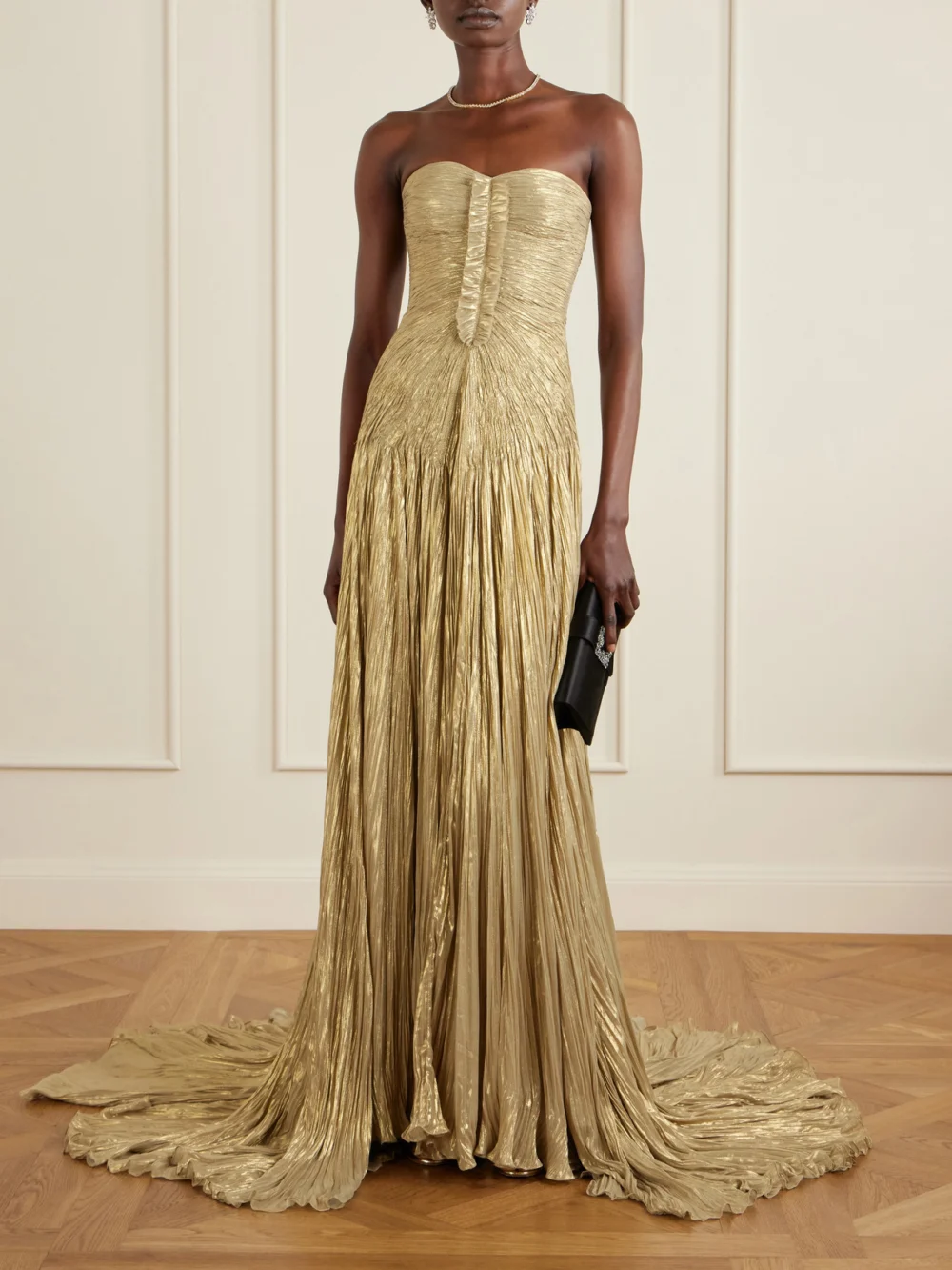 Marmar Halim Draped Pleated Metallic Silk-georgette Gown, worn by a model