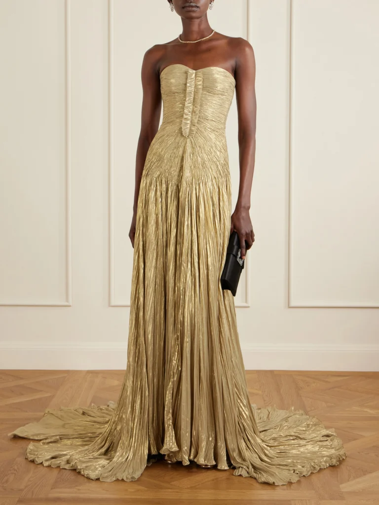 Marmar Halim Draped Pleated Metallic Silk-georgette Gown