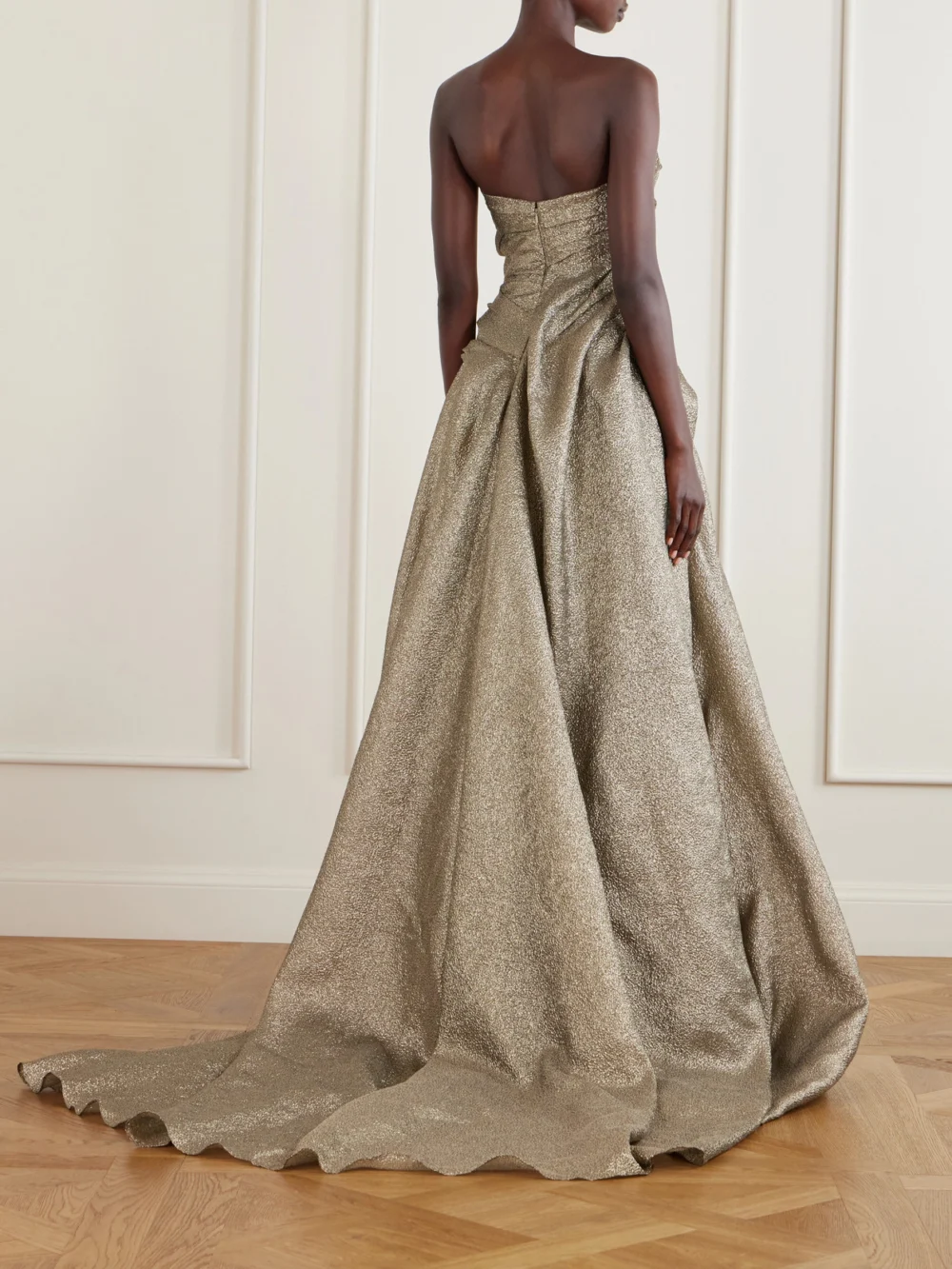 Back view of the Marmar Halim Off-the-shoulder Draped Brocade Gown