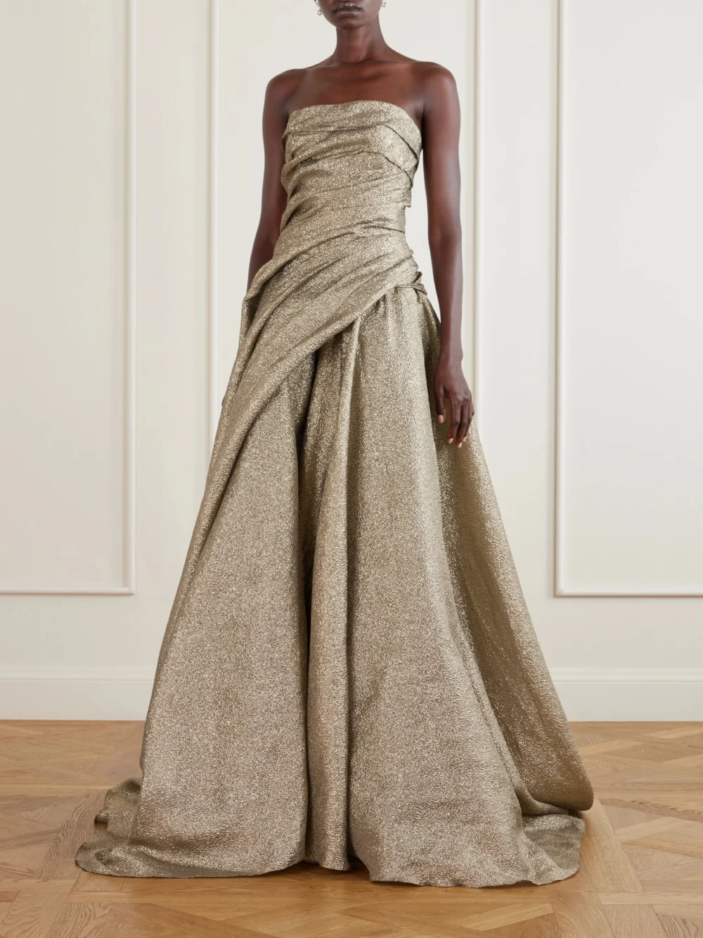 Marmar Halim Off-the-shoulder Draped Brocade Gown, worn by a model