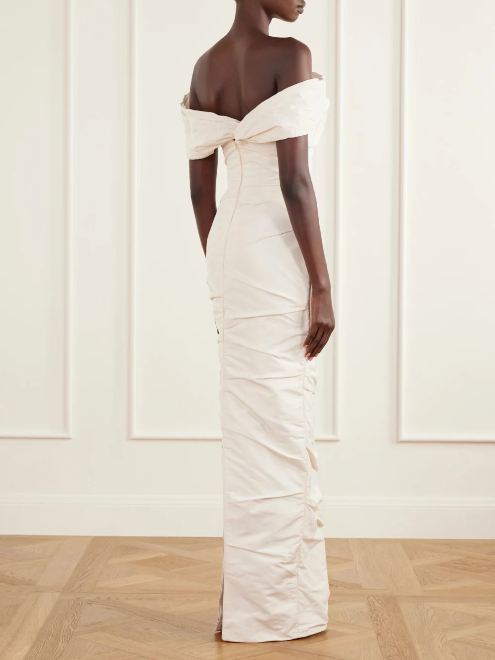 Back view of the Marmar Halim Off-the-shoulder Draped Duchess-satin Bustier Gown