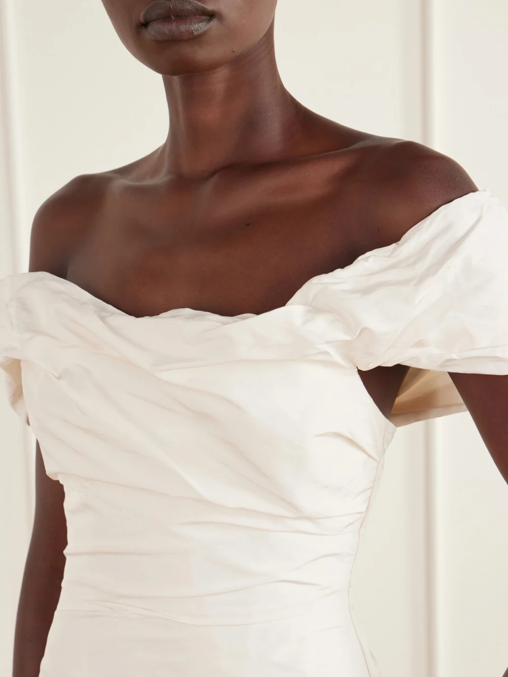 Close-up detail of the Marmar Halim Off-the-shoulder Draped Duchess-satin Bustier Gown