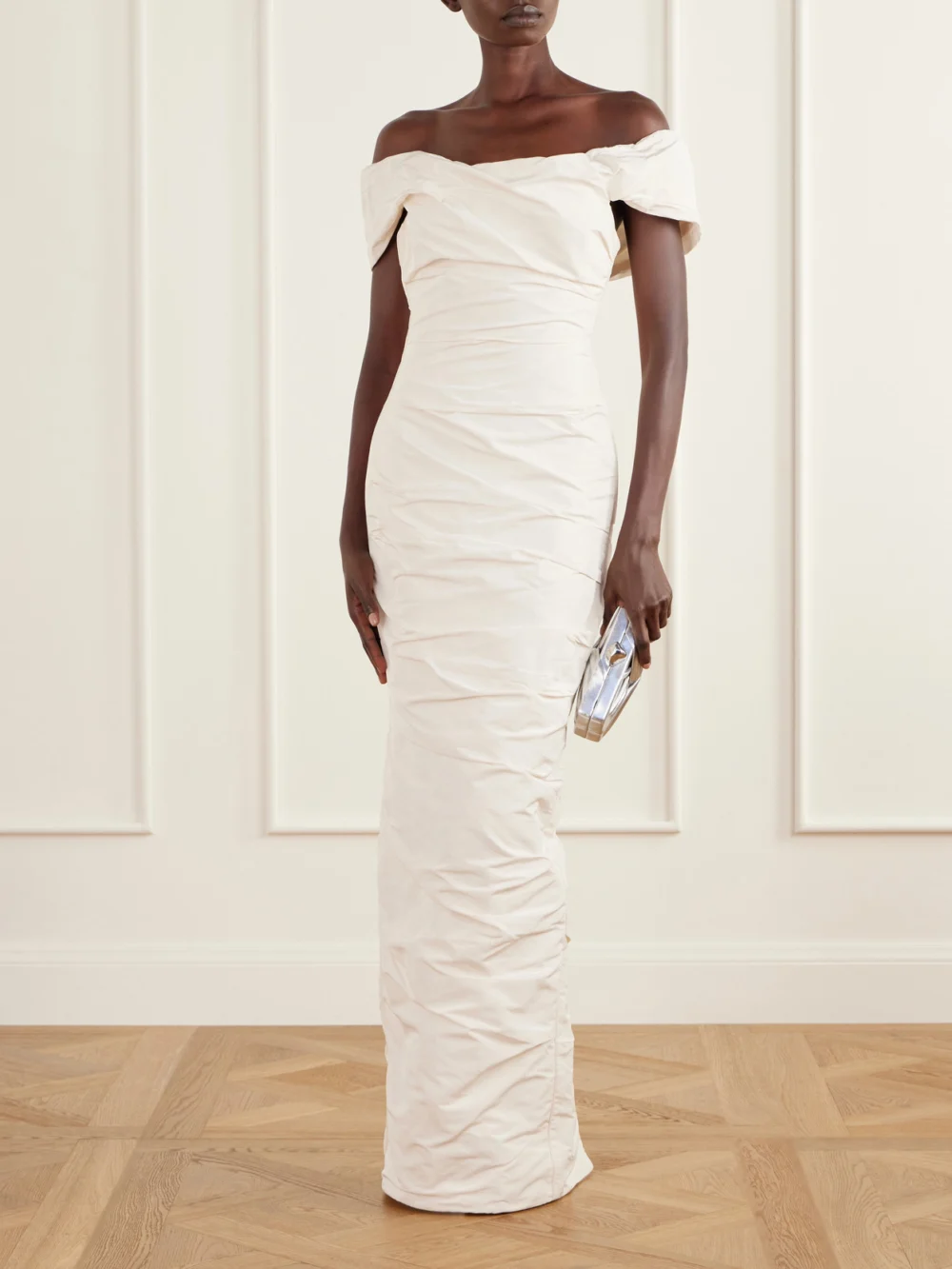 Marmar Halim Off-the-shoulder Draped Duchess-satin Bustier Gown, worn by a model