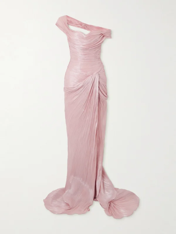 Marmar Halim Off-the-shoulder Draped Metallic Plissé-taffeta Gown