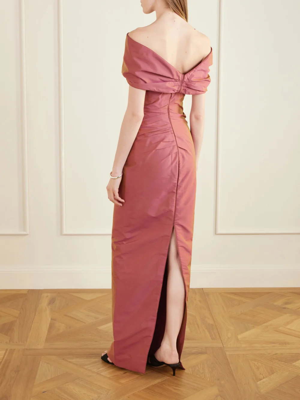 Back view of the Marmar Halim Off-the-shoulder Gathered Taffeta Gown