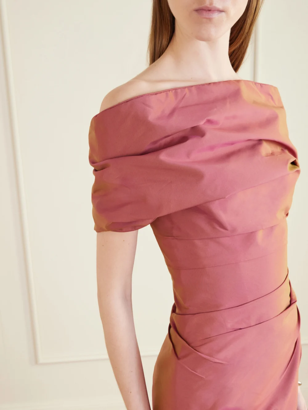 Close-up detail of the Marmar Halim Off-the-shoulder Gathered Taffeta Gown