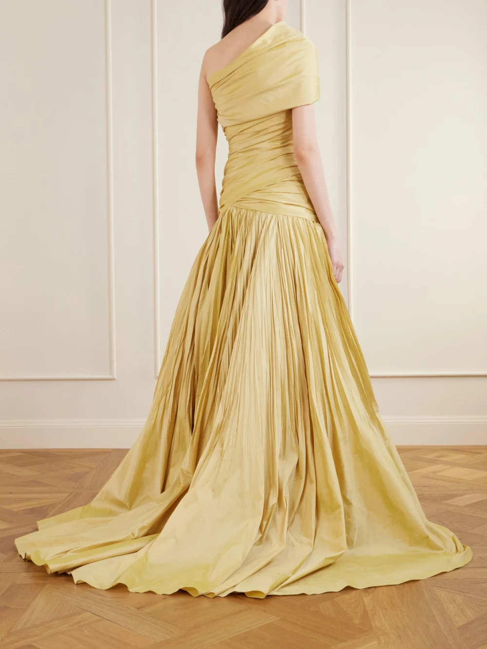 Back view of the Marmar Halim One-shoulder Draped Gathered Taffeta Gown