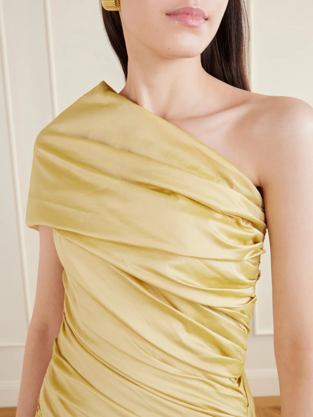 Close-up detail of the Marmar Halim One-shoulder Draped Gathered Taffeta Gown