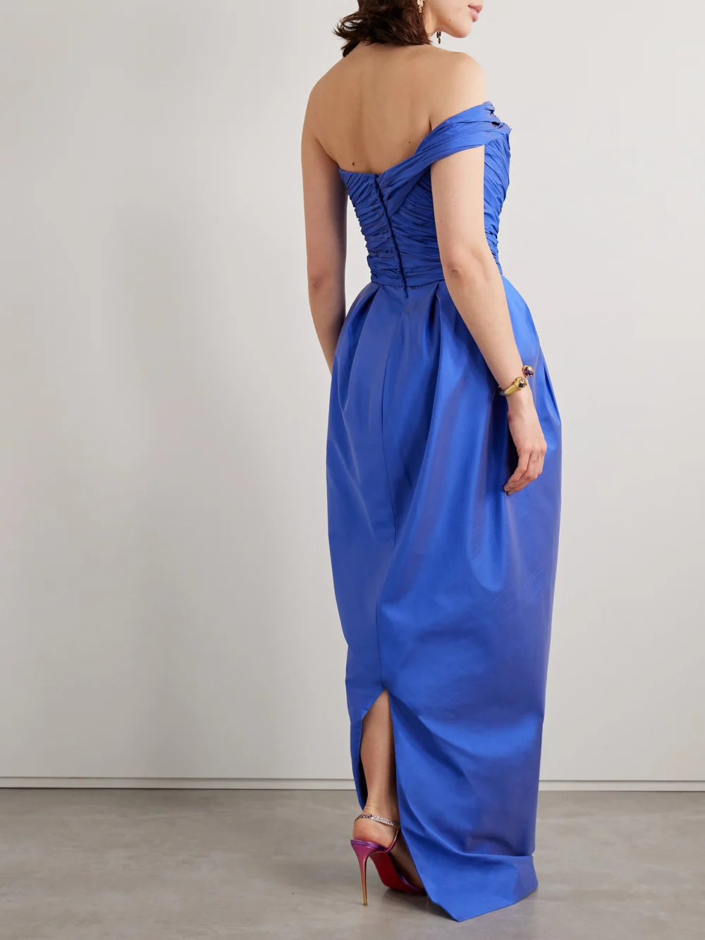 Back view of the Marmar Halim One-shoulder Gathered Plissé-taffeta Gown