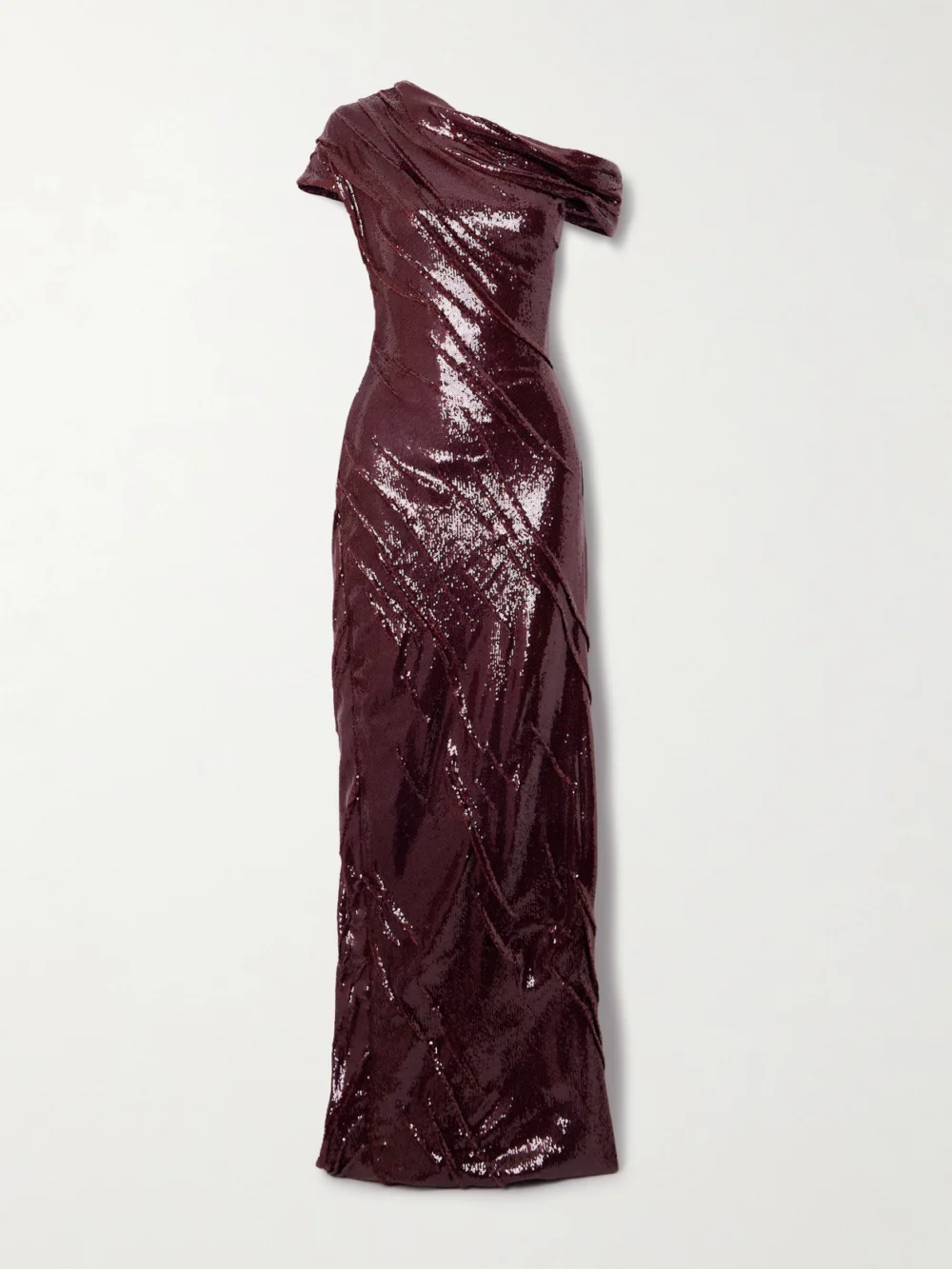 Marmar Halim One-shoulder Ruched Sequined Crepe Gown in burgundy