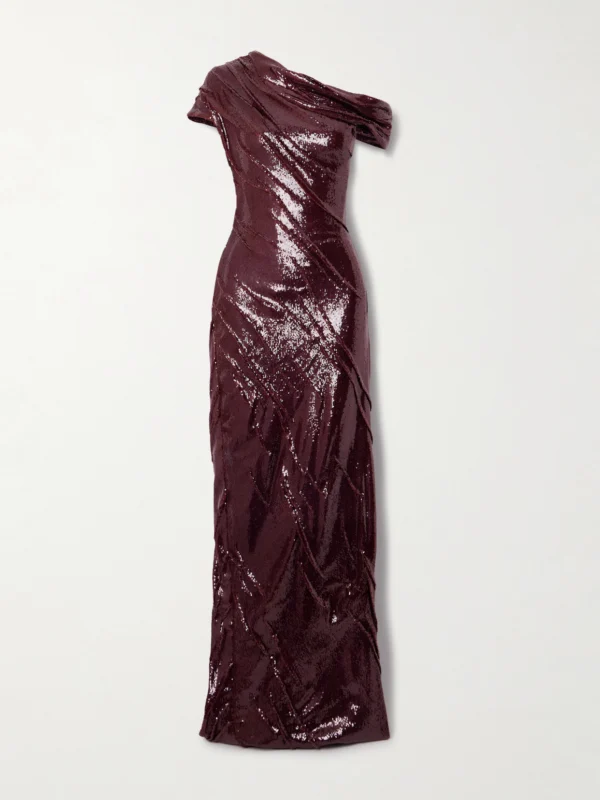 Marmar Halim One-shoulder Ruched Sequined Crepe Gown