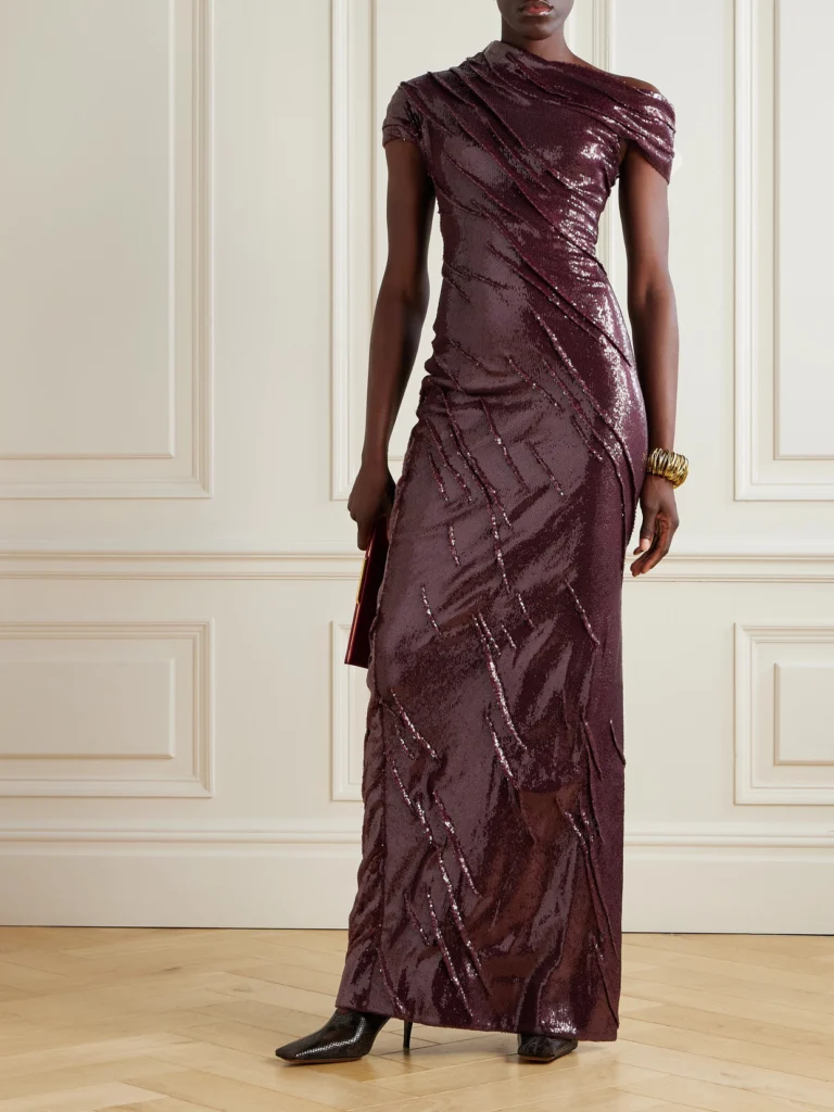 Marmar Halim One-shoulder Ruched Sequined Crepe Gown