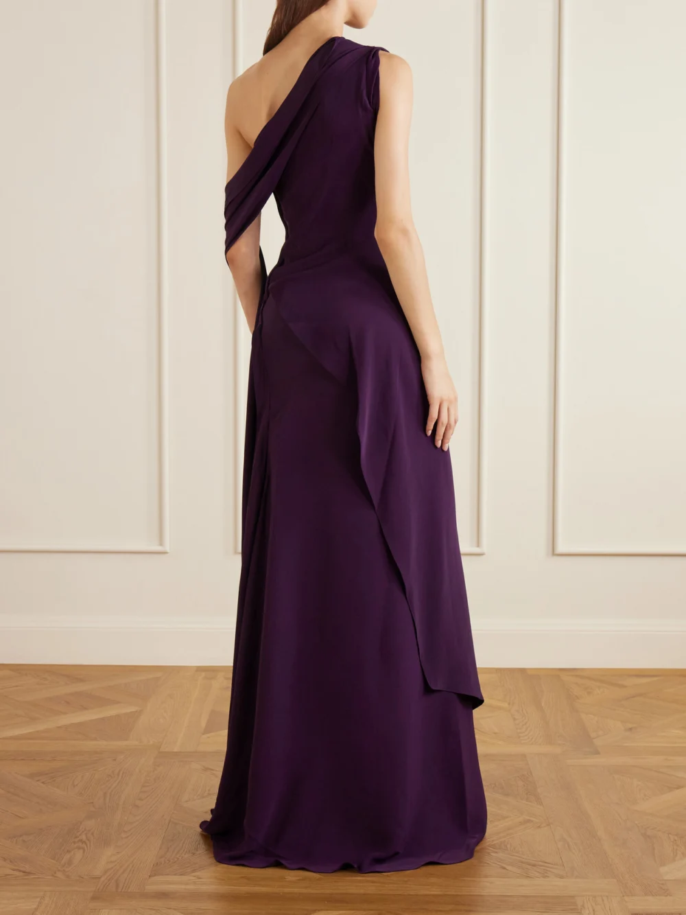 Back view of the Marmar Halim One-shoulder Satin Gown