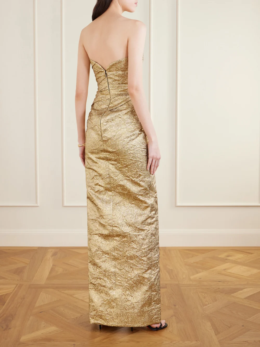 Back view of the Marmar Halim Pleated Crinkled Lamé Gown