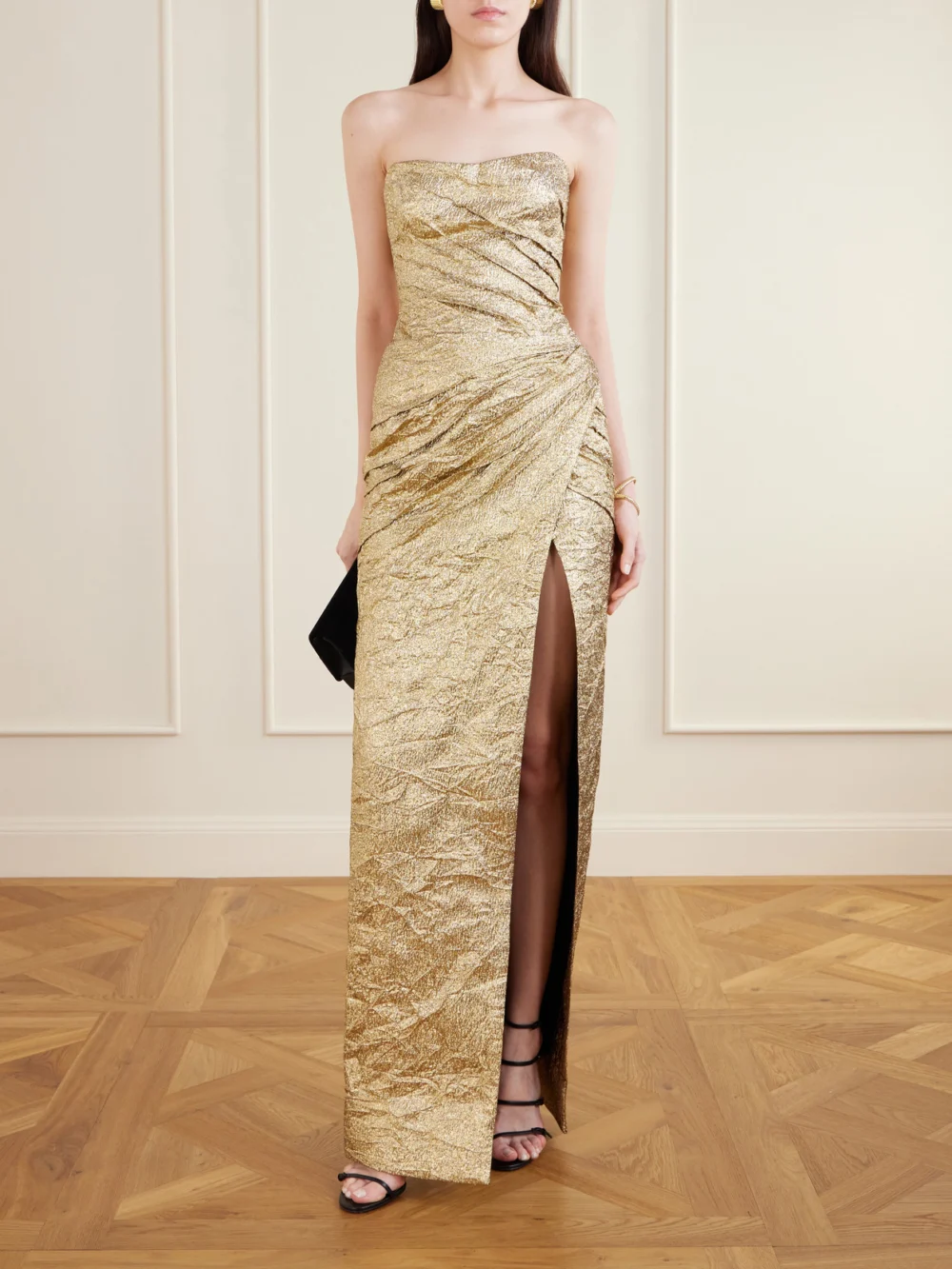 Marmar Halim Pleated Crinkled Lamé Gown, worn by a model