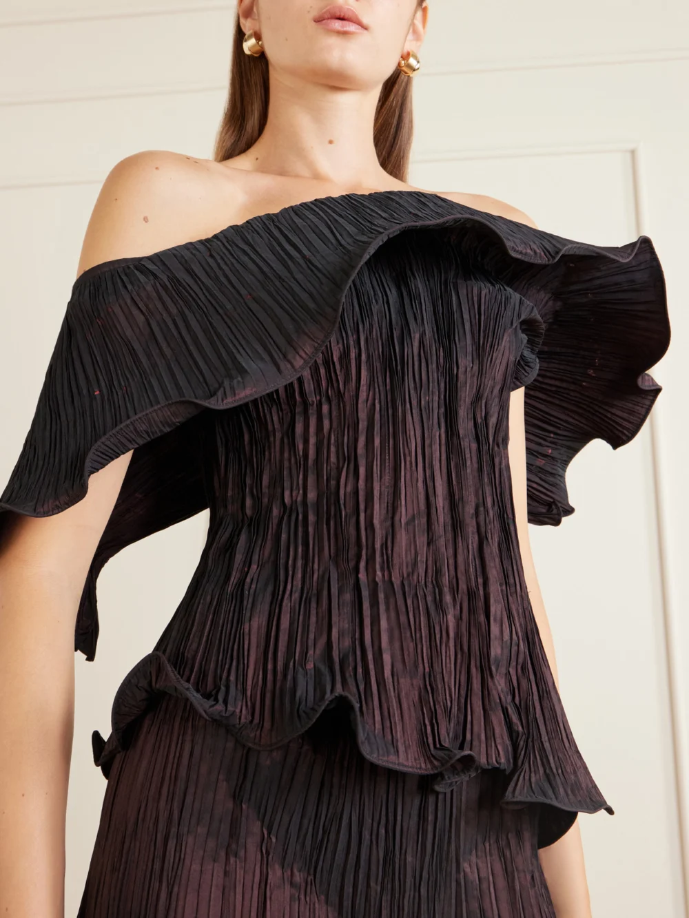 Close-up detail of the Marmar Halim Pleated Off-the-shoulder Taffeta Gown