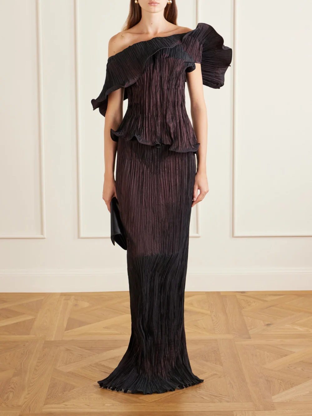 Marmar Halim Pleated Off-the-shoulder Taffeta Gown, worn by a model