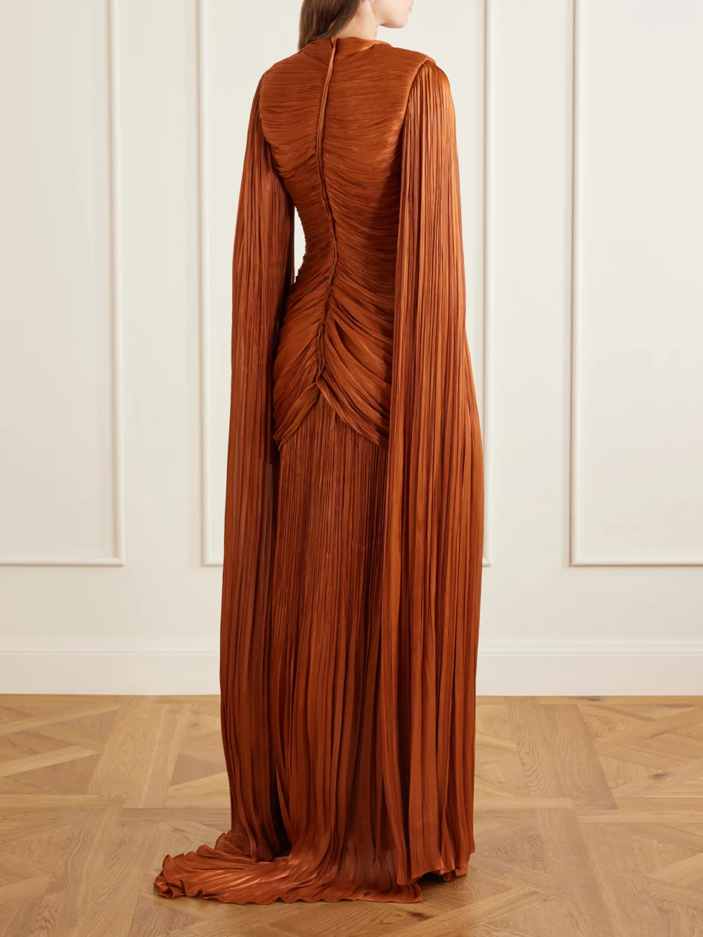 Back view of the Marmar Halim Pleated Ruched Satin Gown