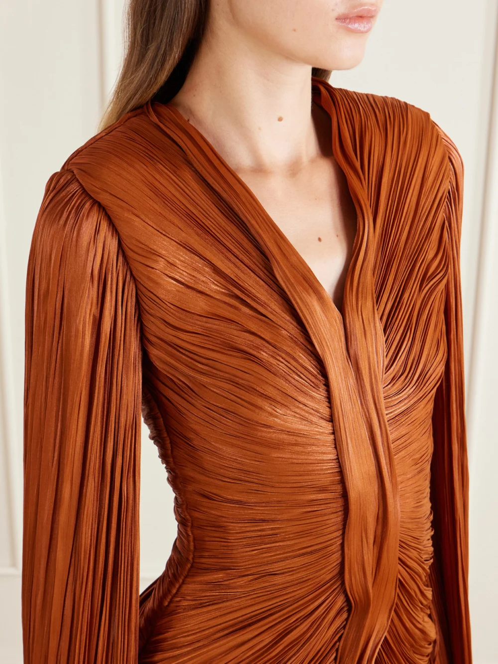 Close-up detail of the Marmar Halim Pleated Ruched Satin Gown