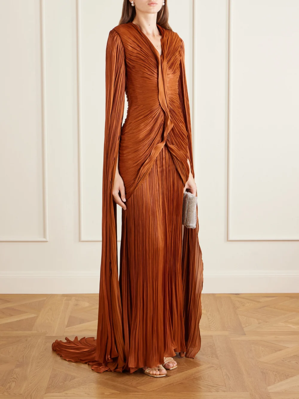 Marmar Halim Pleated Ruched Satin Gown, worn by a model