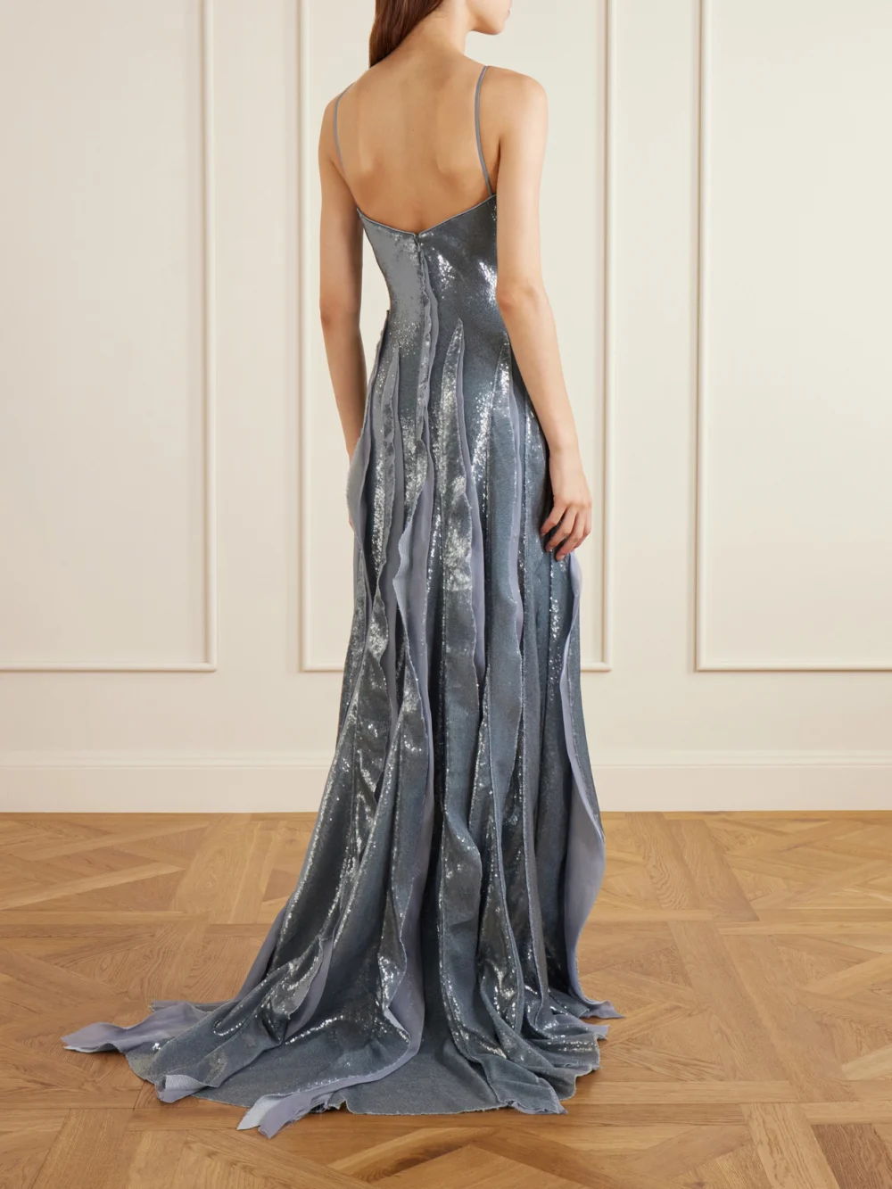 Back view of the Marmar Halim Pleated Sequined Chiffon Gown