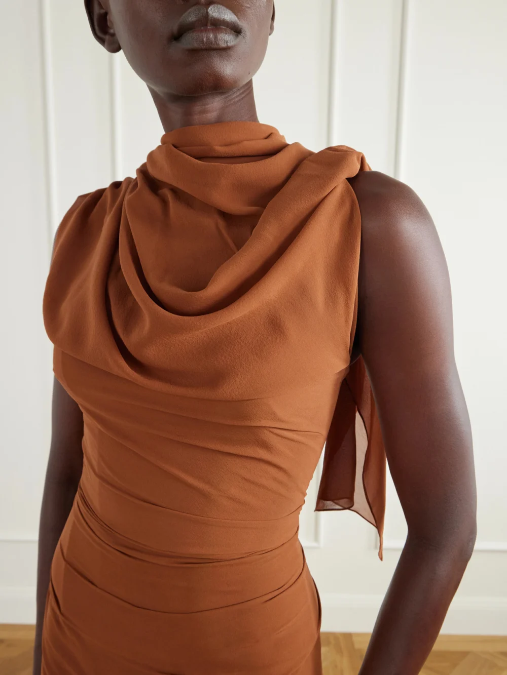 Close-up detail of the Marmar Halim Scarf-detailed Georgette Gown