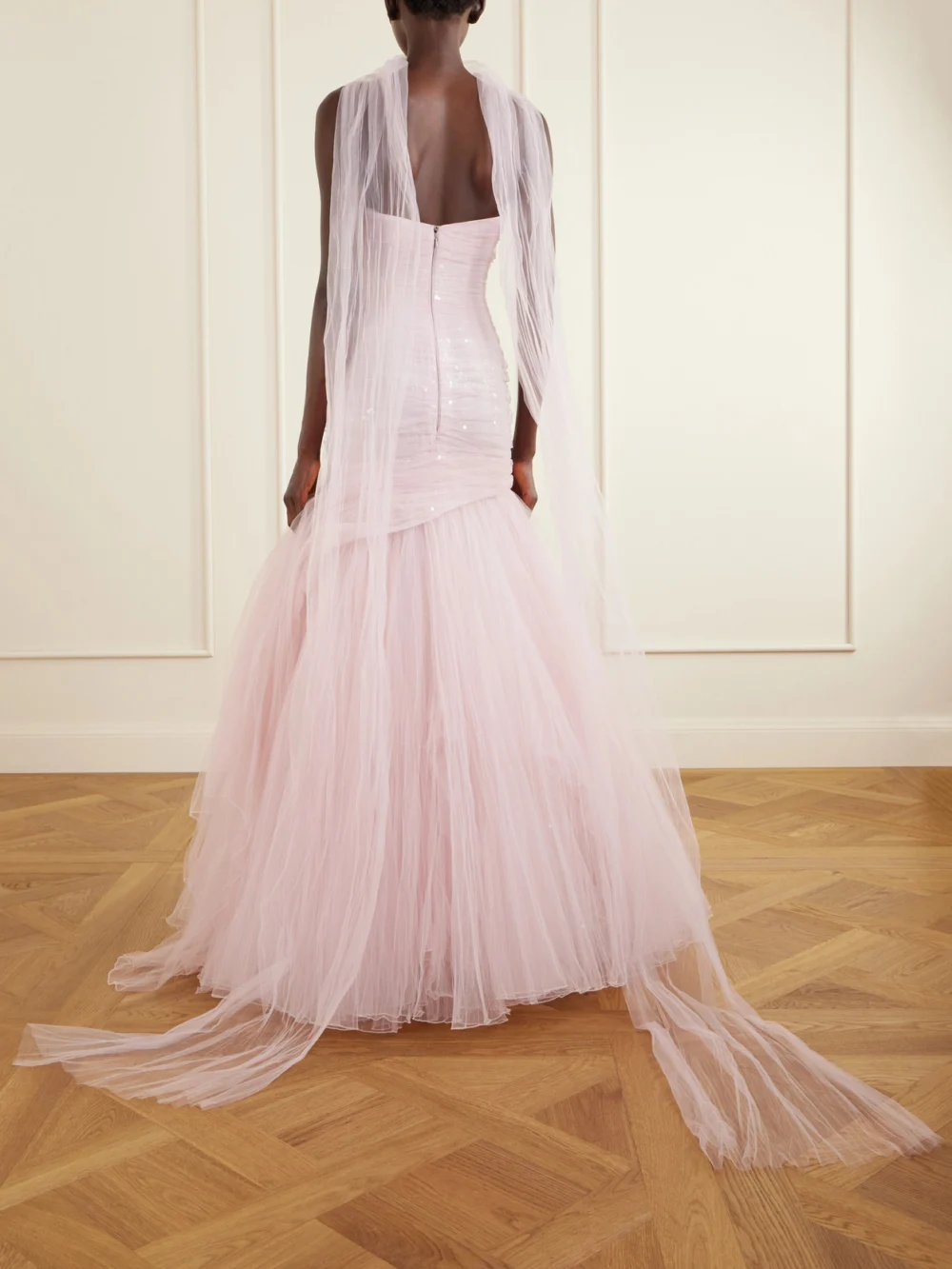 Back view of the Marmar Halim Sequin-embellished Draped Tulle Gown